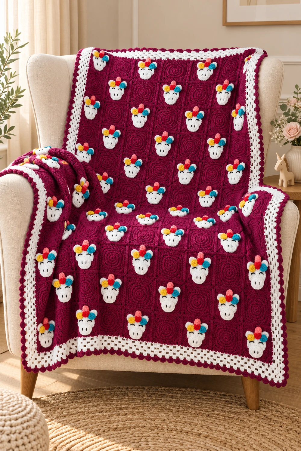 Berry crochet baby blanket with white appliqué and scalloped border, styled on an ivory chair