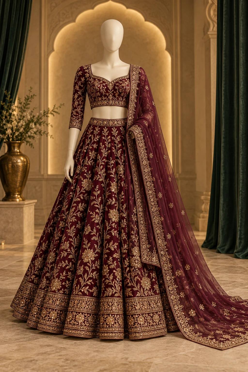 Gold botanical embroidery across a maroon lehenga on a mannequin